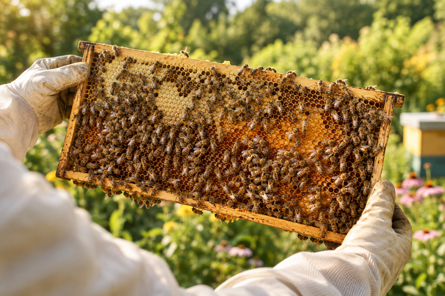Beekeeper tending a frame of honeybees in a garden